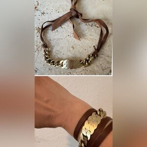 Kenneth Cole Brown Leather Bracelet | Gold Chain Detail Adjustable Cuff